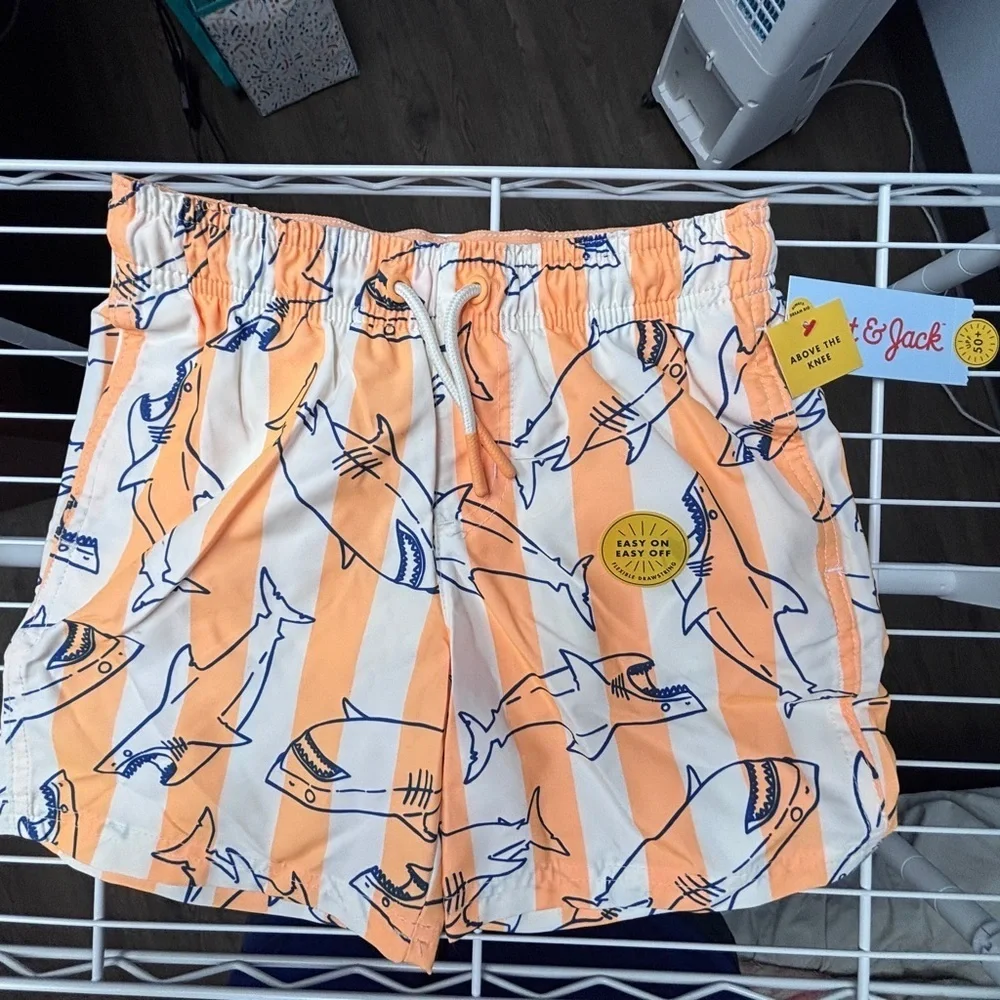 NWT Cat & Jack Irish Twin 4/5yo & 6/7yo JAWS Orange & White Striped Swim Shorts